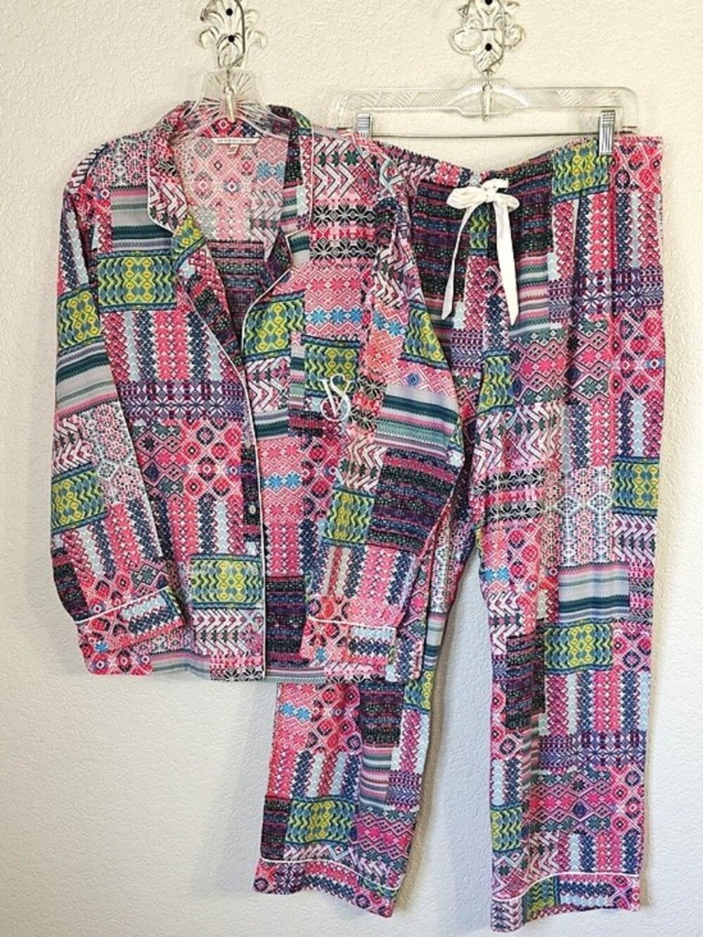 Victoria's Secret Size L Patchwork Pajama Set Multicolored Long Sleeves & Pants